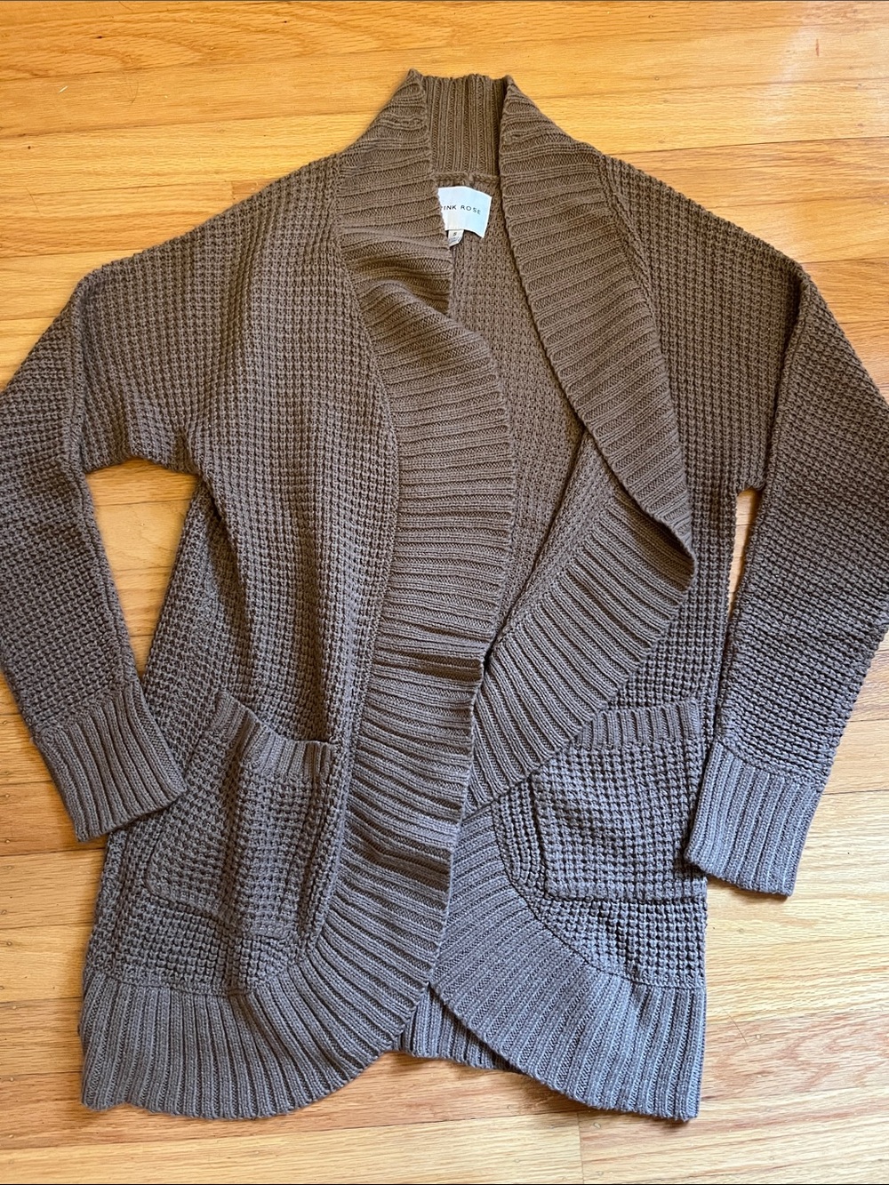 Pink Rose Brown Open-Front Shawl Collar Cardigan